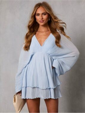 Light Blue Pleated V-Neck Mini Dress
